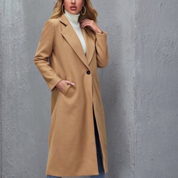 Cozy Camel Tan wide collar coat jacket trench PeaCoat - Picture 8 of 12